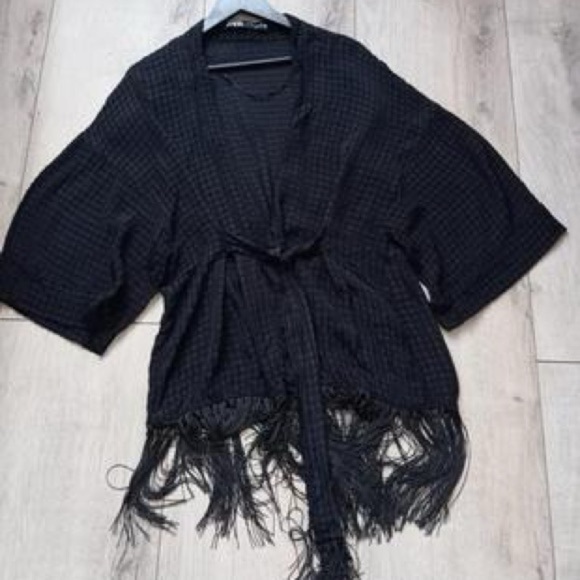 Zara Black Kimono Swim Coverup Fringe 100% Viscose - Womens Size M - Picture 5 of 6